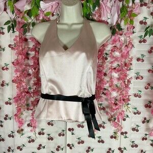 Pink Satin Halter Top With black Bow detail